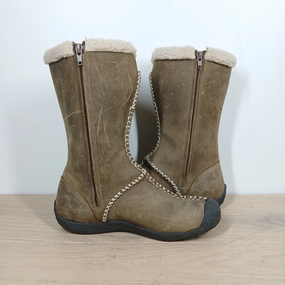 Keen Winter Boots Women 6 Olive Brown Leather Faux Fur Shearling Toggle Zip Tall